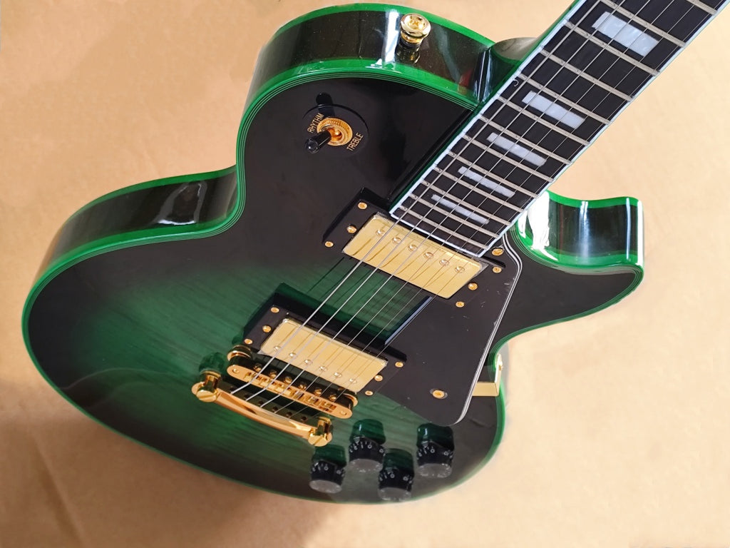 Custom  Style LP  Customized Black Beauty Series 6 String guitar, Black and green tiger-striped gradient  green trim is the customized color scheme  Gib  LP lZ15#