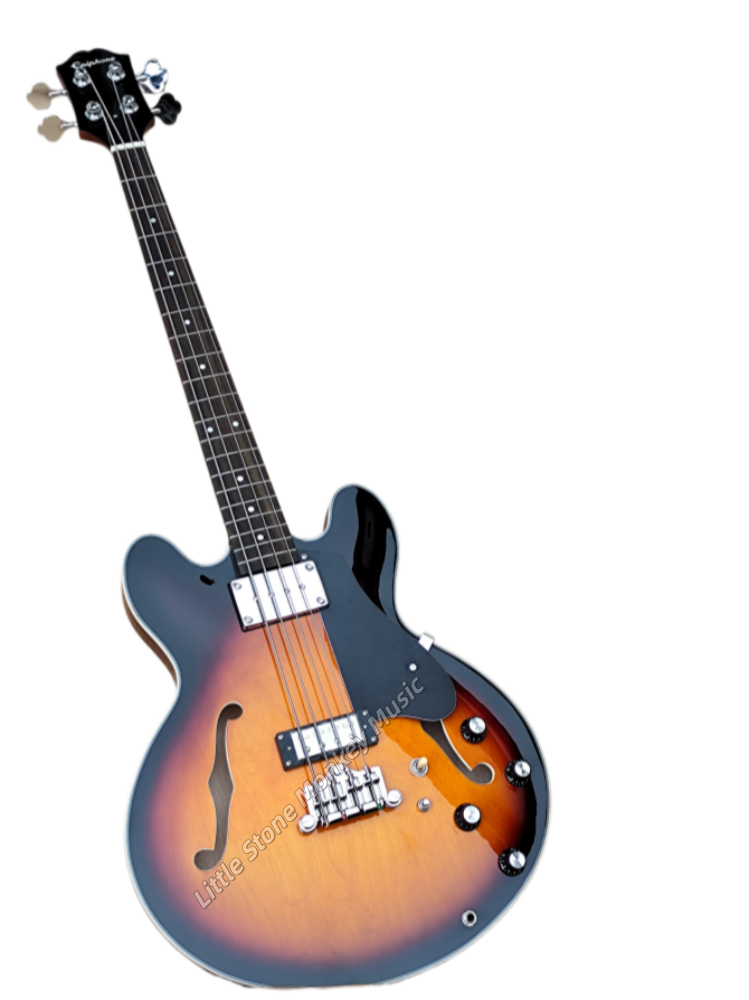 Custom electric guitar - 4 strings - Bass - Semi hollow body - Sunburst