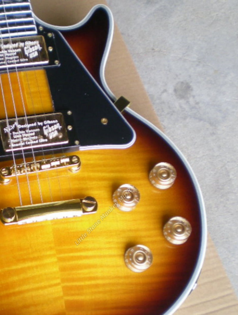 New Custom High Quality Electric Guitars Electric guitar with brown yellow tiger pattern maple top and gold hardware with tone-pro bridge Sunburst445