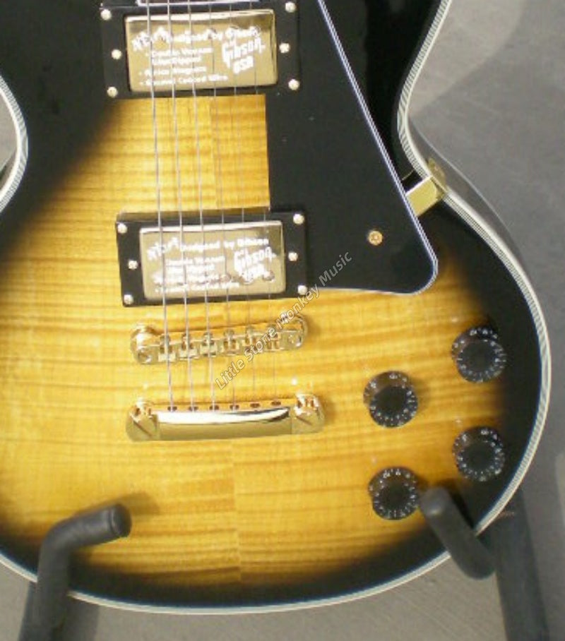 Electric Guitar Solid Body Mahogany with Flame Maple Top and Pink Wood Fingerboard, Sunburst, Right-Handed, 6 Strings