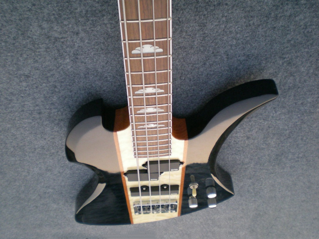 Customize High Quality Irregular Bass Mockingbird Style 4 String Electric Bass Guitar Trans Black Quilted Maple Center Top PJ Pickups Cloud Inlay Heavy Metal Solid Bass BC   Special Design