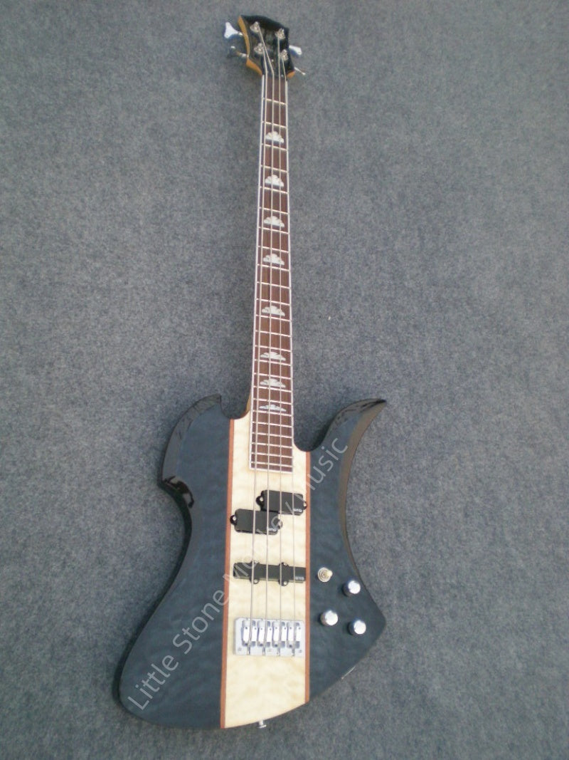 Customize High Quality Irregular Bass Mockingbird Style 4 String Electric Bass Guitar Trans Black Quilted Maple Center Top PJ Pickups Cloud Inlay Heavy Metal Solid Bass BC   Special Design