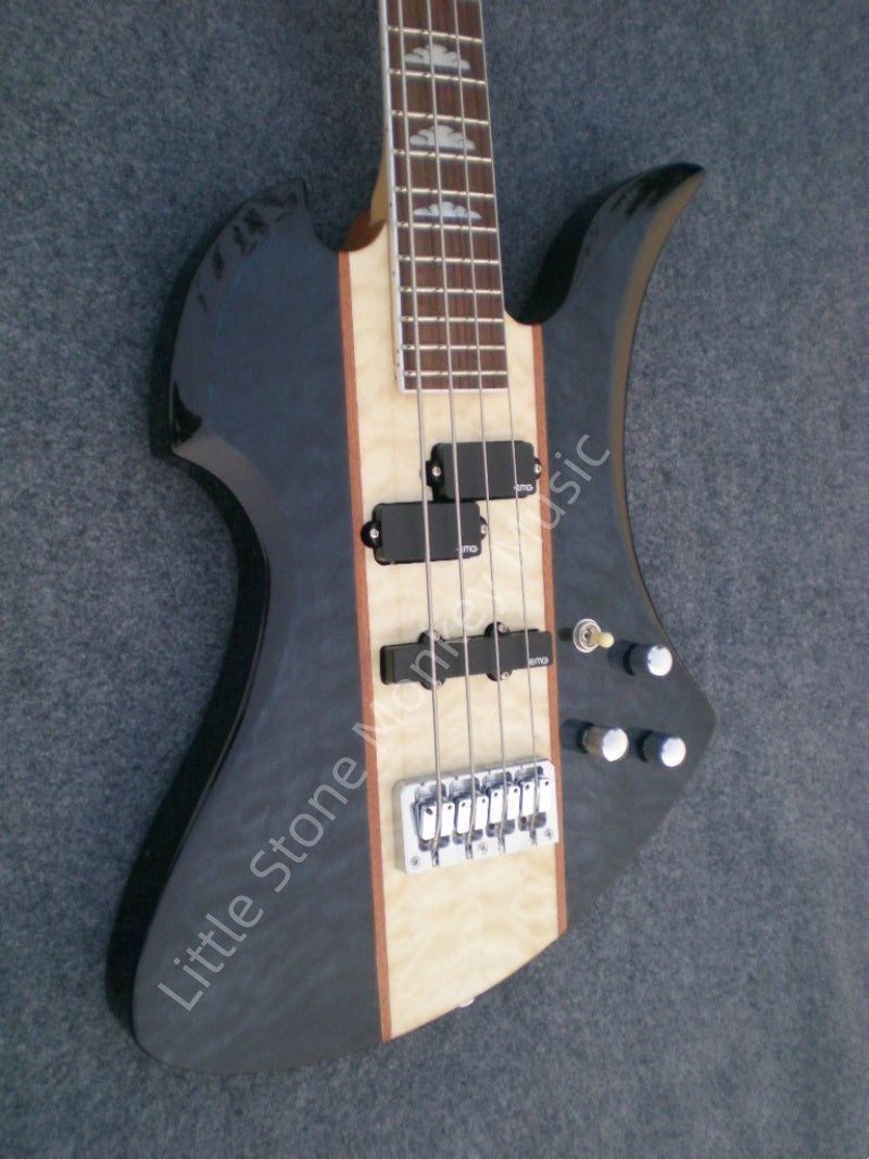 Customize High Quality Irregular Bass Mockingbird Style 4 String Electric Bass Guitar Trans Black Quilted Maple Center Top PJ Pickups Cloud Inlay Heavy Metal Solid Bass BC   Special Design