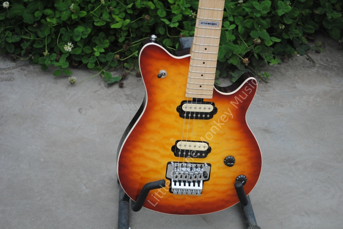 Customize Sunburst Glossy Electric Guitar  Sunburst Quilt Maple Wolfgang Style Electric Guitar Double Lock Tremolo HH Pickups Rock Guita Fen  EVH rz27#