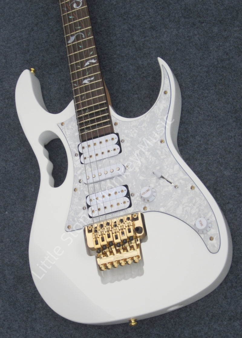 Customize White Color  Electric Guitar  JEM7V Steve Vai Signature Style White Electric Guitar Tree of Life Vine Inlay Fretboard Double Lock Floyd Rose Tremolo Gold Hardware HH Pickups Shred Metal Guitar Free Shipping  Lba Z29