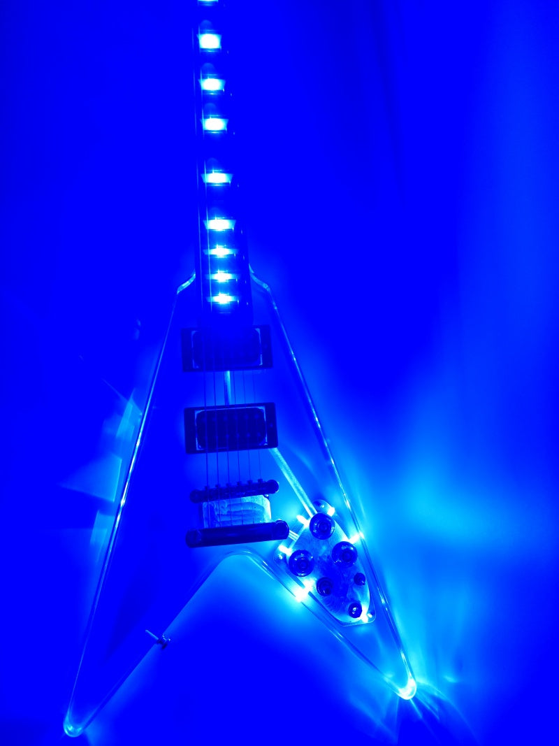 Custom Acrylic Body Electric Guitar   Fully transparent acrylic (crystal plexiglass), with built-in blue LED backlighting 2026  Gib Flying V Z18#