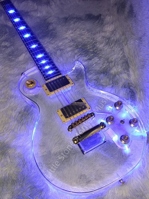 Custom Transparent Acrylic Body Electric Guitar with Blue  LP  LED Lights 6 string Gib LP  Z5#