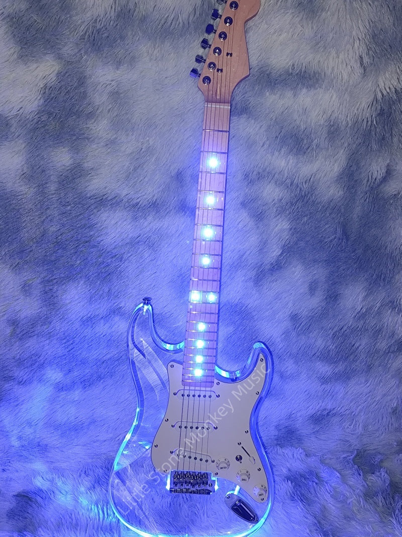 Custom Acrylic Body Electric Guitar ST  Lightning  Fully transparent acrylic (crystal plexiglass), with built-in blue LED backlighting  2026  Fen ST Z10#
