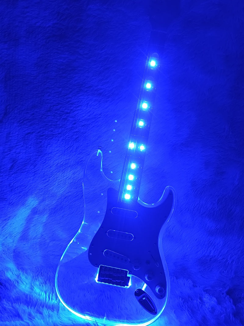 Custom Acrylic Body Electric Guitar ST  Lightning  Fully transparent acrylic (crystal plexiglass), with built-in blue LED backlighting  2026  Fen ST Z10#