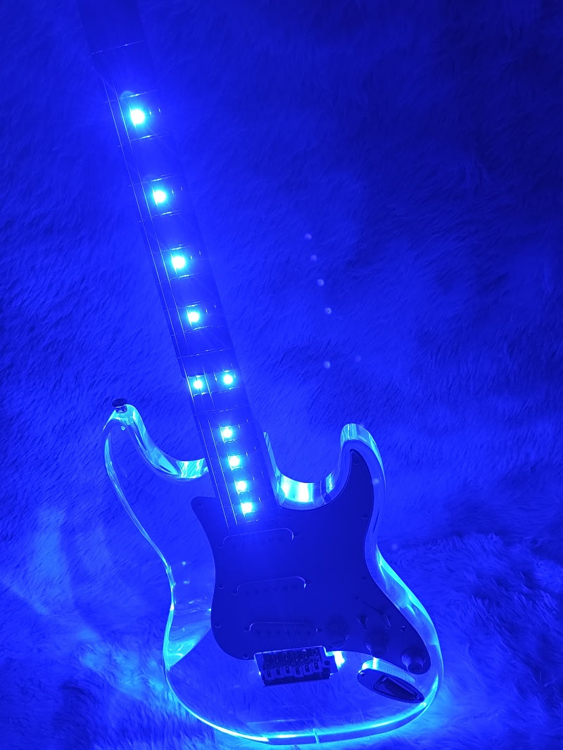 Custom Acrylic Body Electric Guitar ST  Lightning  Fully transparent acrylic (crystal plexiglass), with built-in blue LED backlighting  2026  Fen ST Z10#