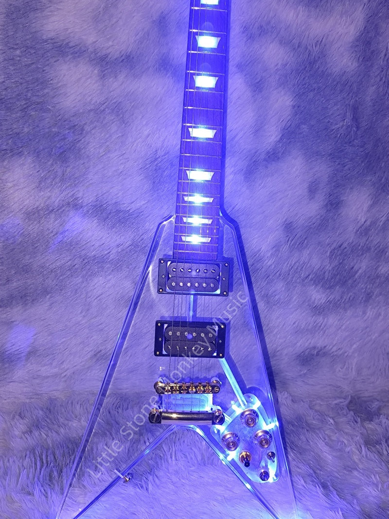 Custom Acrylic Body Electric Guitar   Fully transparent acrylic (crystal plexiglass), with built-in blue LED backlighting 2026  Gib Flying V Z18#